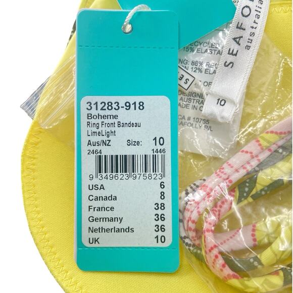 NWT Seafolly Women's Ring Front Bandeau Bikini Top Boheme Lime light US Size 6 - Picture 6 of 6